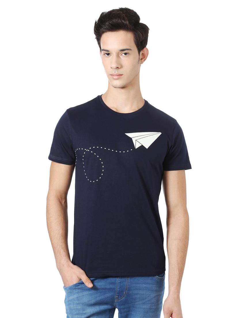 navy blue cotton chest print t-shirt - 15729930 - Zoom Image - 1