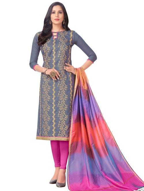Embroidered semi-stitched churidaar suit - 15730052 - Standard Image - 1