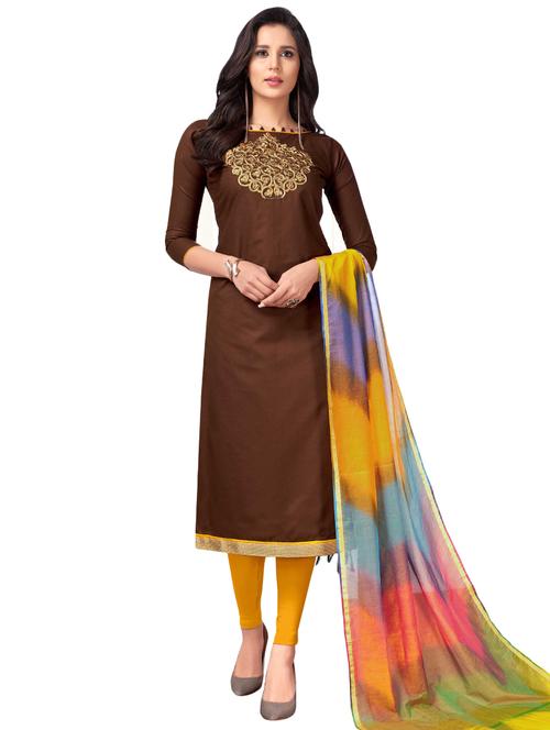 Embroidered semi-stitched churidaar suit - 15730058 - Standard Image - 1