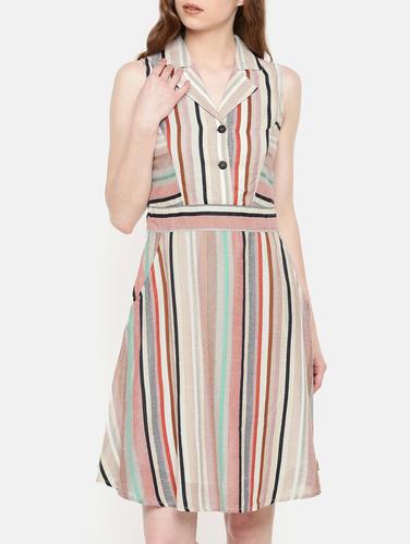 lapel neck striped a-line dress - 15730311 - Very Small Image - 1