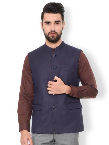 navy blue terry rayon nehru jacket - 15730854 - Very Small Image - 1