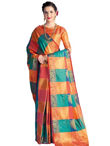 checkered zari motif banarasi saree with blouse - 15731208 - Very Small Image - 1