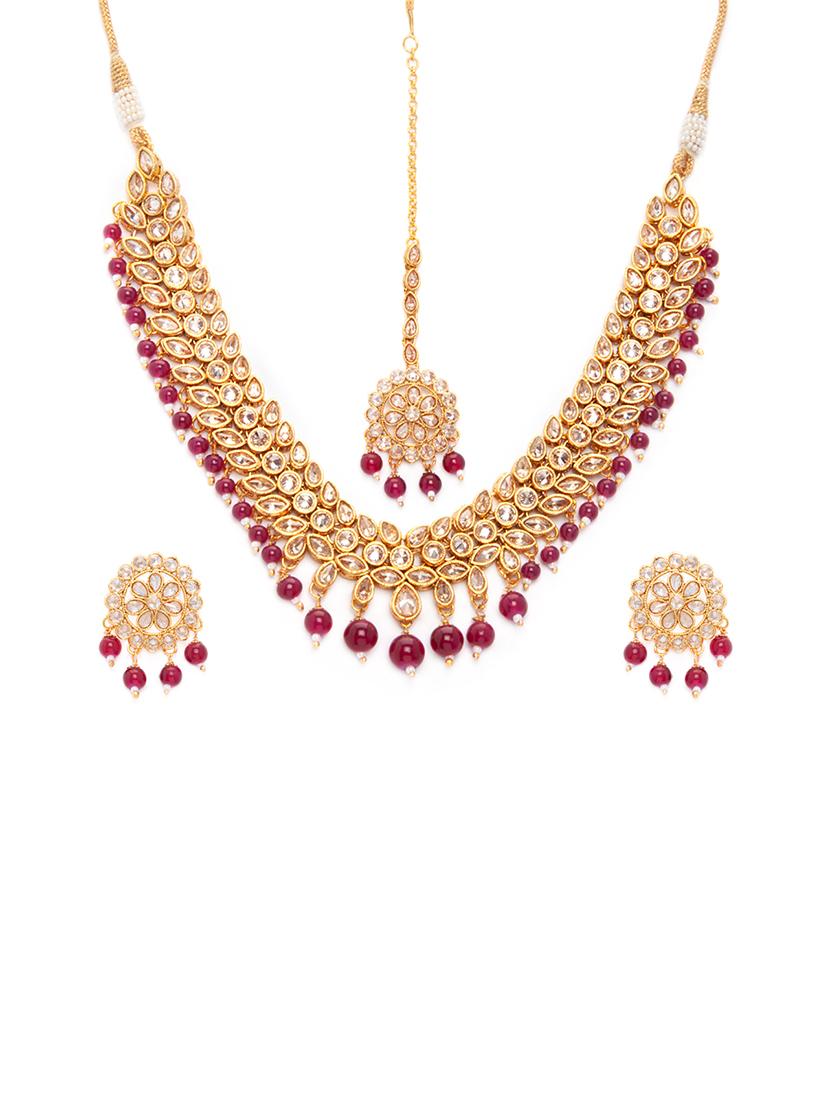 Gold Tone Necklace, Earrings & Maangteeka Set - 15731235 - Zoom Image - 1