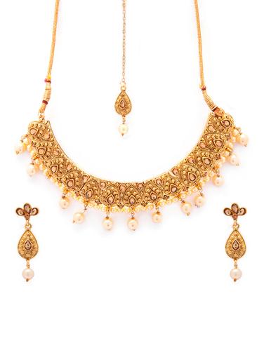Gold Tone Necklace, Earrings & Maangteeka Set - 15731252 - Very Small Image - 1