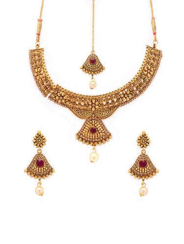 Gold Tone Necklace, Earrings & Maangteeka Set - 15731254 - Very Small Image - 1