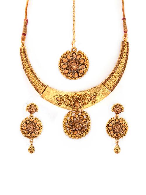 Gold Tone Necklace, Earrings & Maangteeka Set - 15731257 - Standard Image - 1