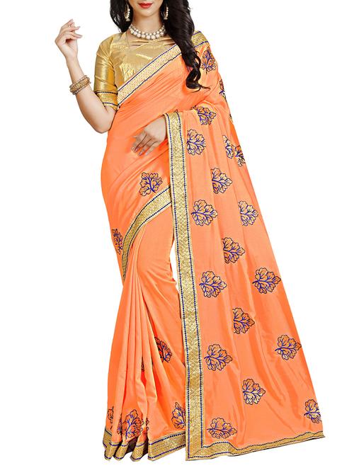 resham embroidered orange saree with blouse - 15731418 - Standard Image - 1