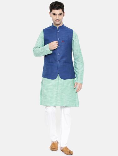 blue cotton kurta pyjama set with nehru jacket - 15731531 - Very Small Image - 1