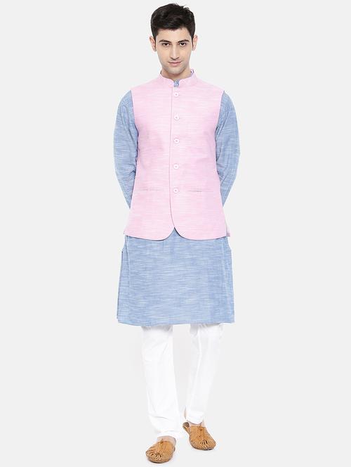 blue cotton kurta pyjama set with nehru jacket - 15731532 - Standard Image - 1