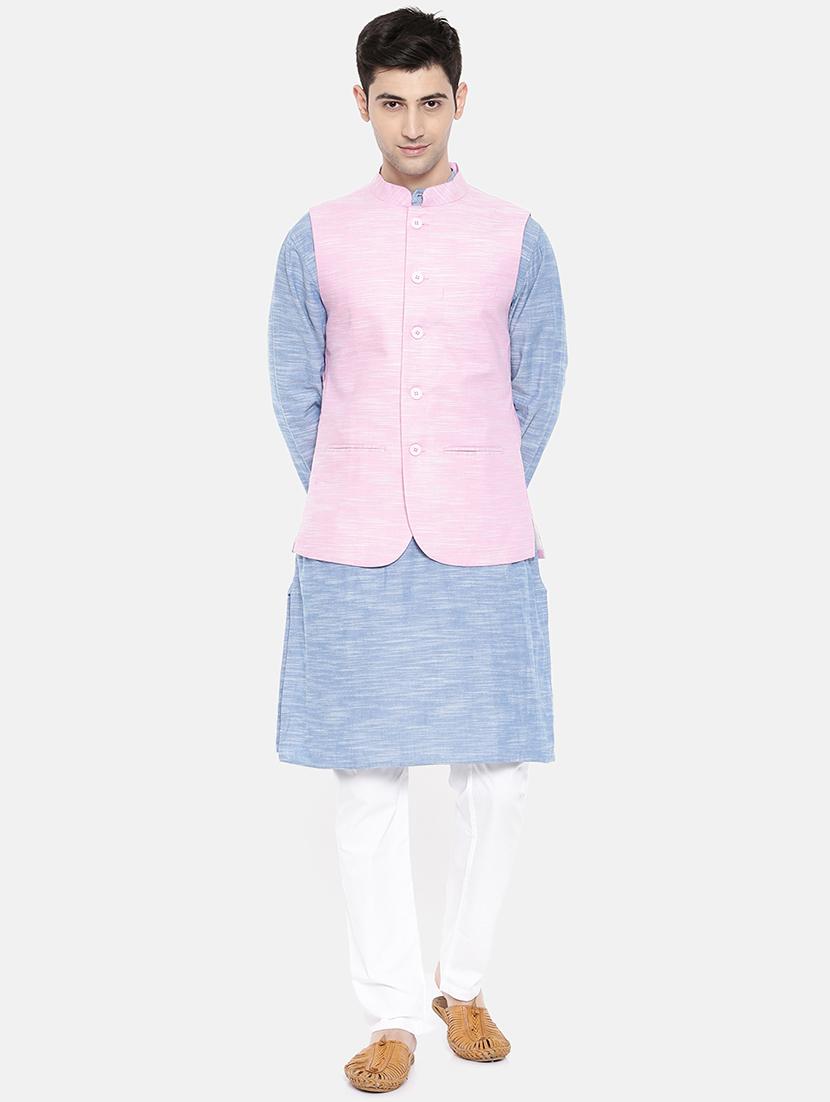 blue cotton kurta pyjama set with nehru jacket - 15731532 - Zoom Image - 1