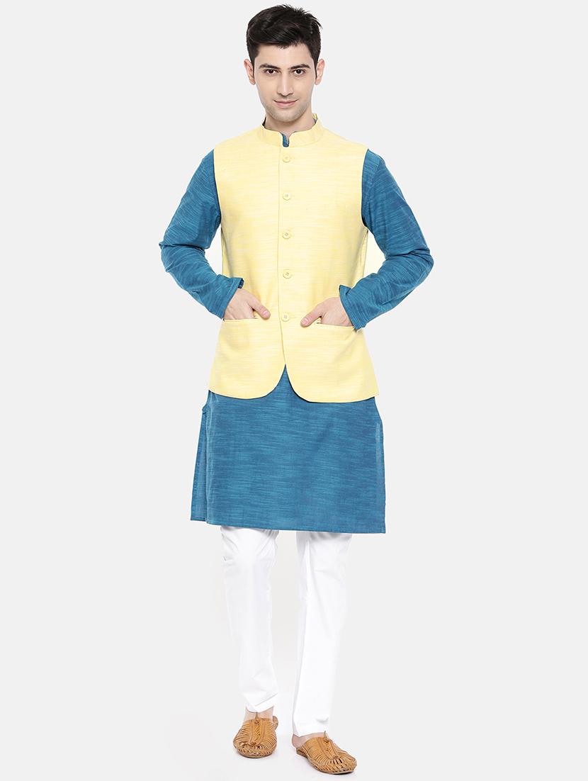 blue cotton kurta pyjama set with nehru jacket - 15731533 - Zoom Image - 1