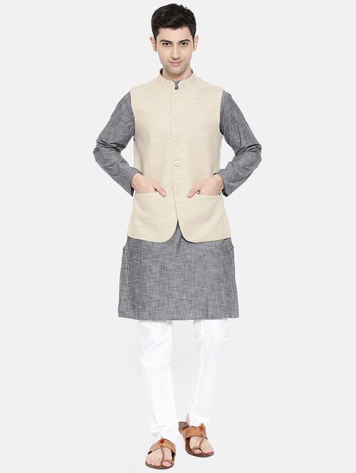 grey cotton kurta pyjama set with nehru jacket - 15731534 - Standard Image - 1