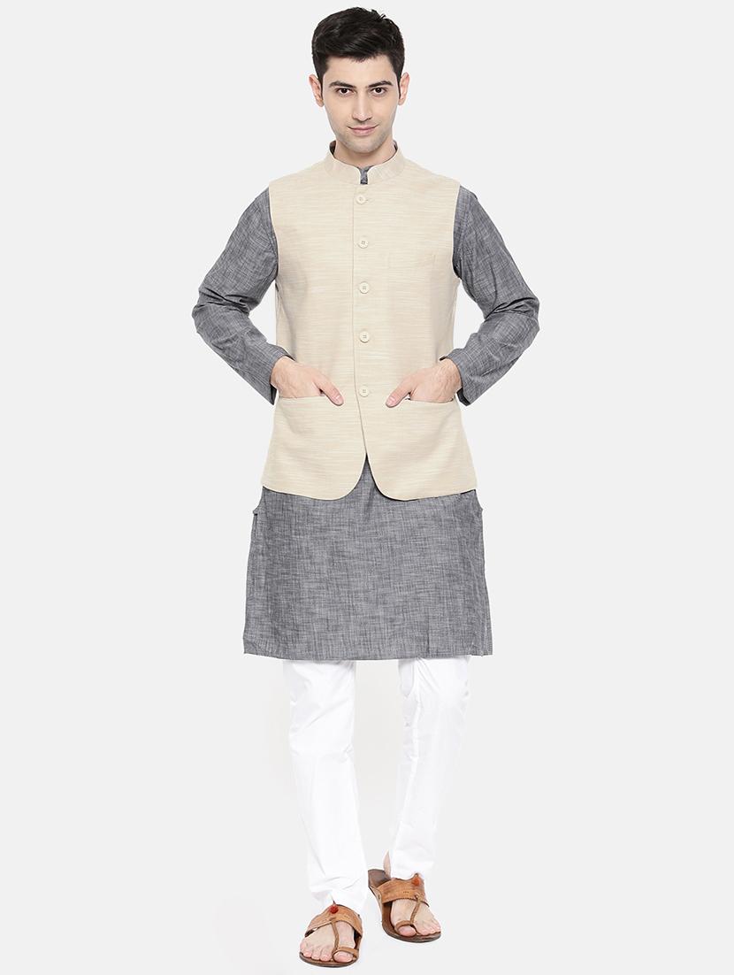 grey cotton kurta pyjama set with nehru jacket - 15731534 - Zoom Image - 1