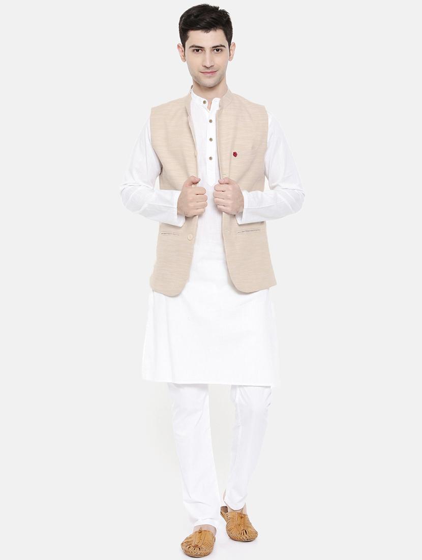 white cotton kurta pyjama set with nehru jacket - 15731535 - Zoom Image - 1