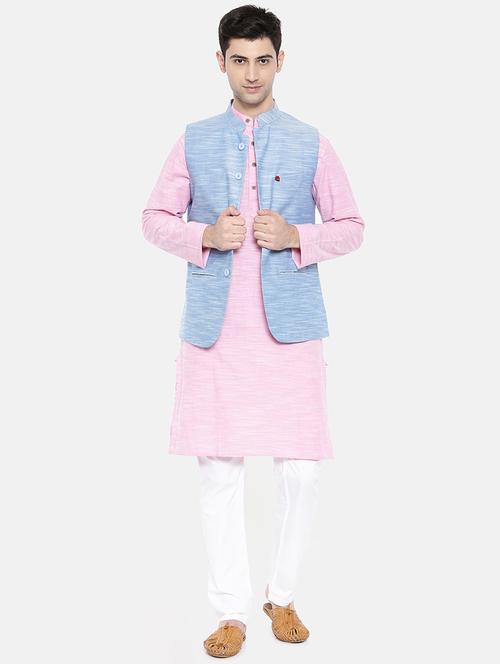 pink cotton kurta pyjama set with nehru jacket - 15731536 - Standard Image - 1
