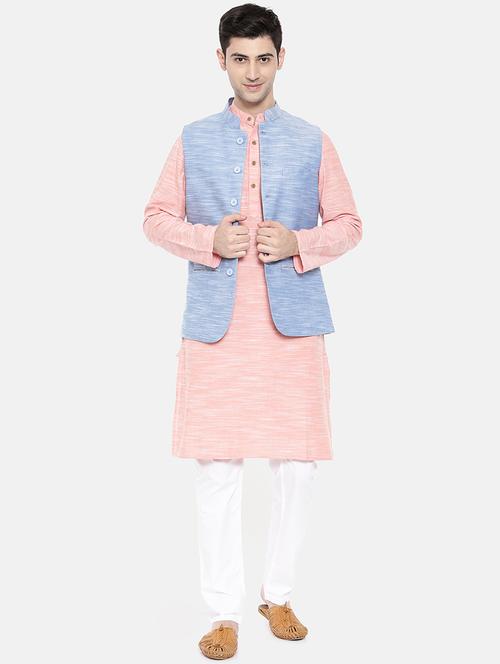pink cotton kurta pyjama set with nehru jacket - 15731537 - Standard Image - 1