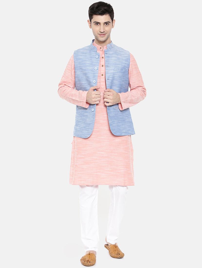 pink cotton kurta pyjama set with nehru jacket - 15731537 - Zoom Image - 1