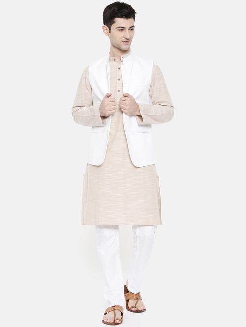 beige cotton kurta pyjama set with nehru jacket - 15731539 - Standard Image - 1