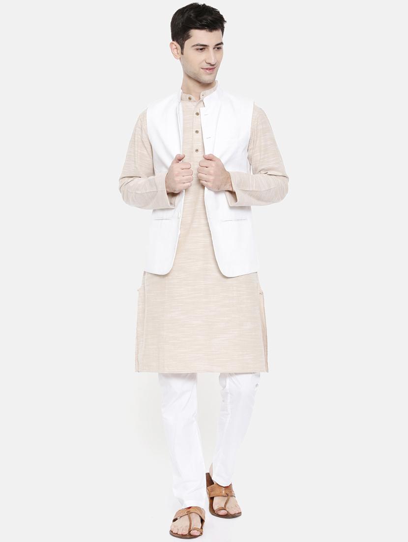 beige cotton kurta pyjama set with nehru jacket - 15731539 - Zoom Image - 1