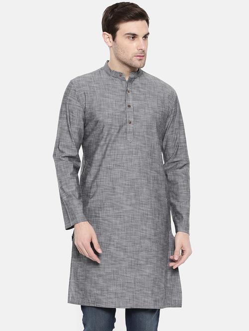 grey cotton long kurta - 15731645 - Standard Image - 1