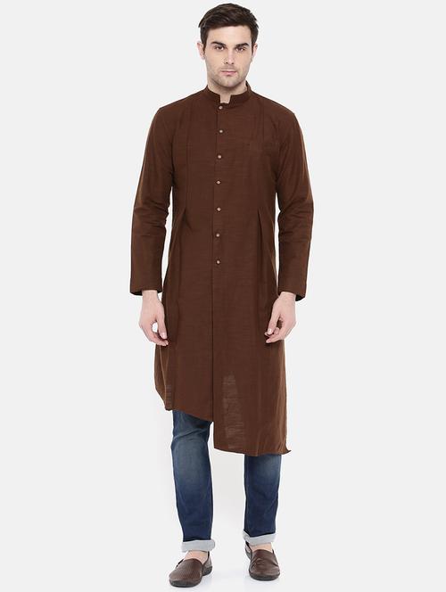 brown cotton asymmetric kurta - 15731664 - Standard Image - 1