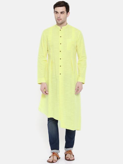 yellow cotton asymmetric kurta - 15731665 - Standard Image - 1