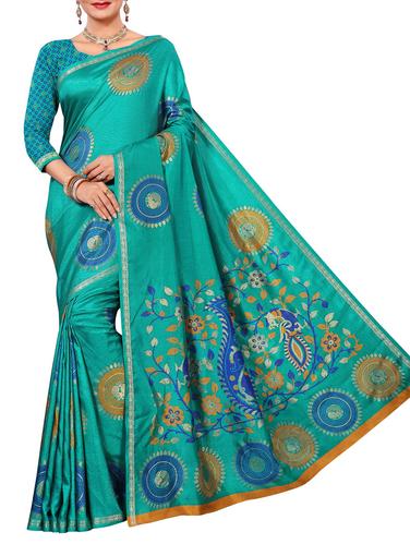 turquoise foil printed saree with blouse - 15731836 - Very Small Image - 1