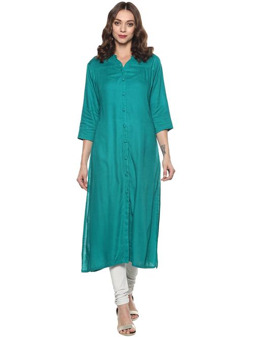 Teal solid straight kurta - 15732976 - Standard Image - 1