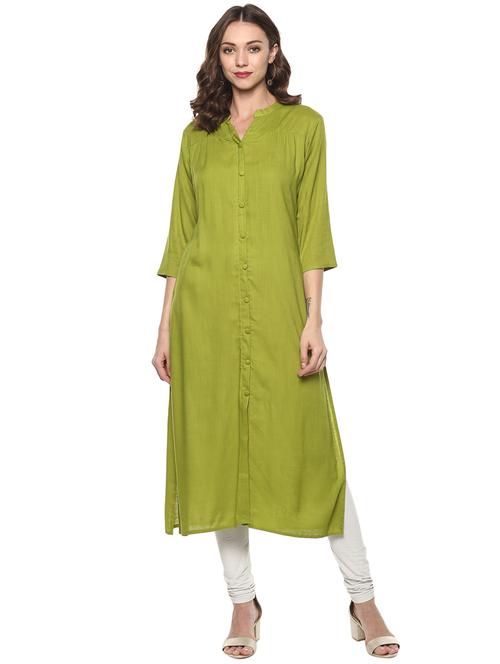 Mehandi solid straight kurta - 15732977 - Standard Image - 1