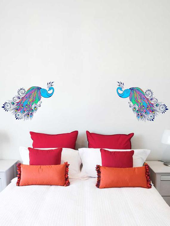 Rawpockets Wall Decals ' Blusih Peacock Pair Wall Sticker ' Wall stickers (PVC Vinyl) Multicolour - 15733288 - Zoom Image - 1