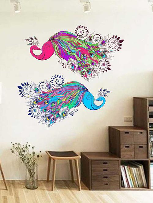 rawpockets wall decals ' multicolor peacock pair wall sticker ' wall stickers (pvc vinyl) multicolour - 15733290 - Very Small Image - 1