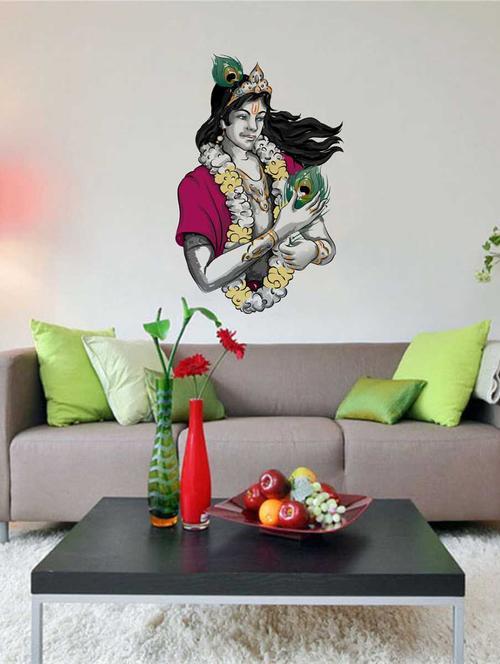Rawpockets Wall Decals ' Sri Krishna with Peacock Petals Wall Decal Sticker ' Wall stickers (PVC Vinyl) Multicolour - 15733414 - Standard Image - 1
