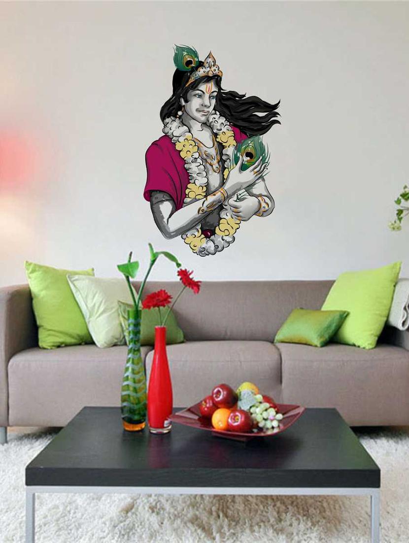 Rawpockets Wall Decals ' Sri Krishna with Peacock Petals Wall Decal Sticker ' Wall stickers (PVC Vinyl) Multicolour - 15733414 - Zoom Image - 1