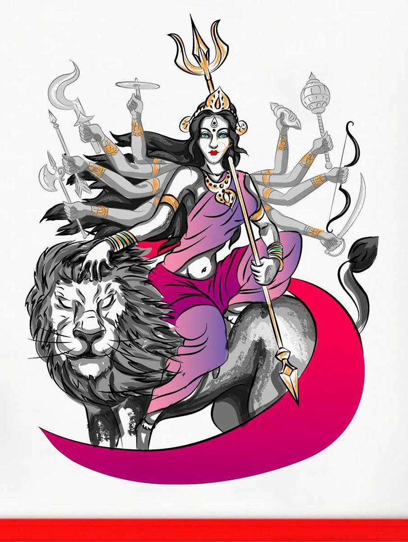 Rawpockets Wall Decals ' Goddess Durga with Lion Wall Decal Sticker ' Wall stickers (PVC Vinyl) Multicolour - 15733421 - Zoom Image - 1