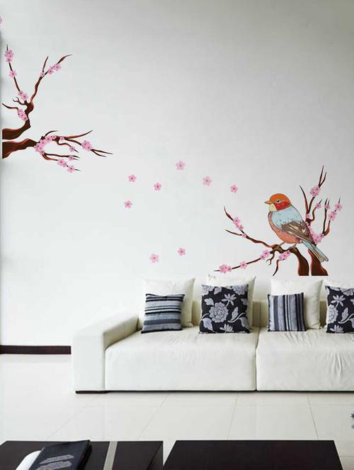 Rawpockets Wall Decals ' Pink Flower Trees and Bird Wall Decal Sticker ' Wall stickers (PVC Vinyl) Multicolour - 15733429 - Standard Image - 1