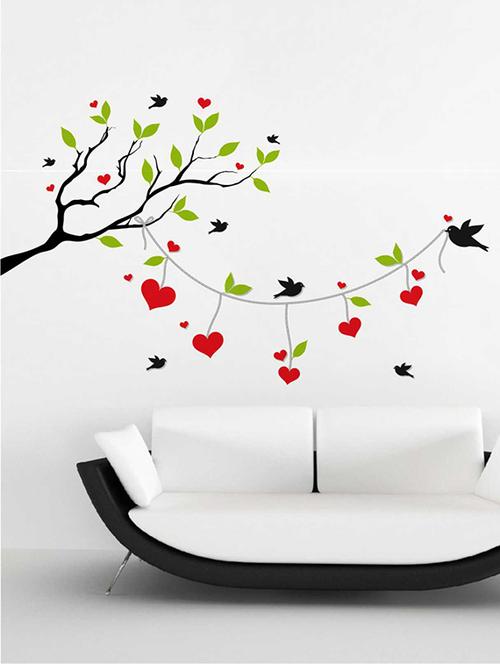 Rawpockets Wall Decals ' Heart-in Love Birds on Tree' Wall Decal Sticker ' Wall stickers (PVC Vinyl) Multicolour - 15733447 - Standard Image - 1
