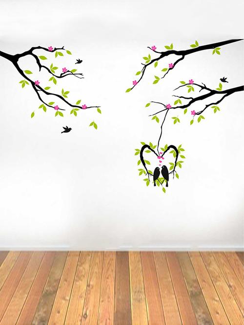 Rawpockets Wall Decals ' Love Birds on Pink Flower Tree' Wall Decal Sticker ' Wall stickers (PVC Vinyl) Multicolour - 15733449 - Standard Image - 1