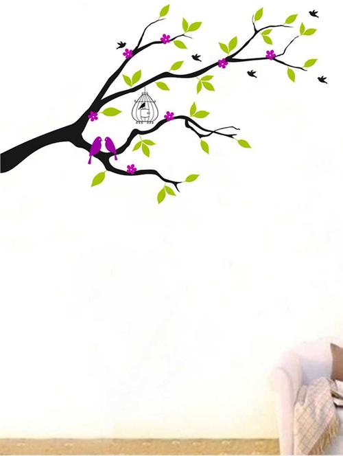 Rawpockets Wall Decals ' Violet Flower Tree with Bird Cage' Wall Decal Sticker ' Wall stickers (PVC Vinyl) Multicolour - 15733450 - Standard Image - 1