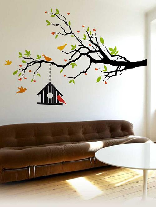 Rawpockets Wall Decals ' Heart-in Flower Tree with Bird Cage' Wall Decal Sticker ' Wall stickers (PVC Vinyl) Multicolour - 15733452 - Standard Image - 1