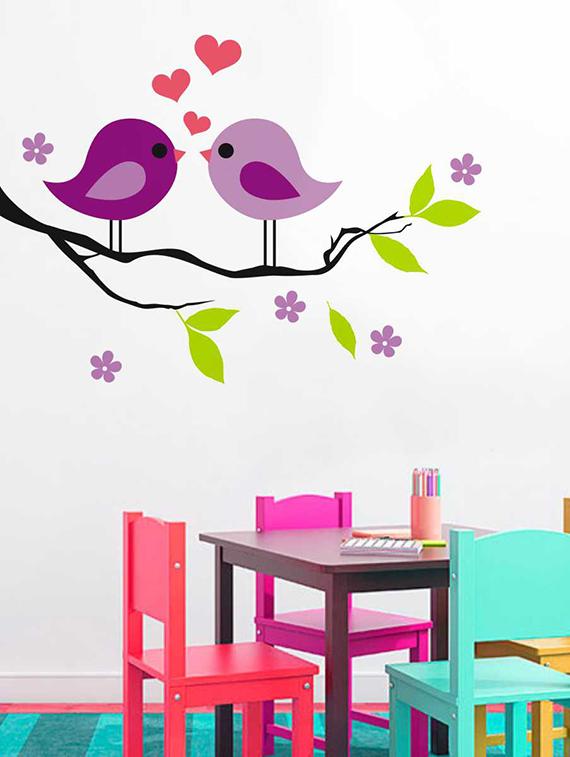 Rawpockets Wall Decals ' Purplish Love Birds on Violet Flower Tree' Wall Decal Sticker ' Wall stickers (PVC Vinyl) Multicolour - 15733454 - Zoom Image - 1