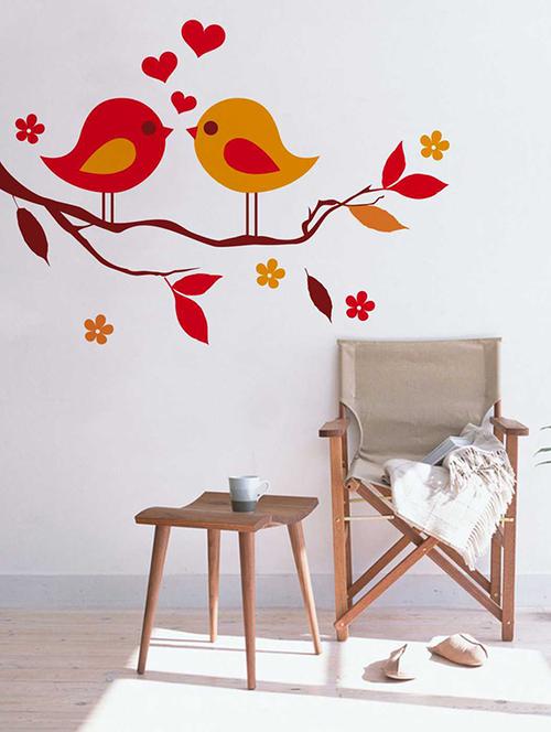 Rawpockets Wall Decals ' Red Love Birds on Violet Flower Tree' Wall Decal Sticker ' Wall stickers (PVC Vinyl) Multicolour - 15733455 - Standard Image - 1