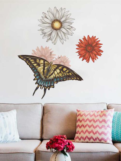 Rawpockets Wall Decals ' Flowers and Butterfly Wall Decal Sticker ' Wall stickers (PVC Vinyl) Multicolour - 15733467 - Standard Image - 1