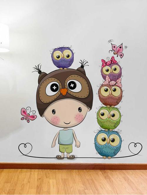 Rawpockets Wall Decals ' Boy and Cartoon Owl Family' Wall Decal Sticker ' Wall stickers (PVC Vinyl) Multicolour - 15733474 - Standard Image - 1