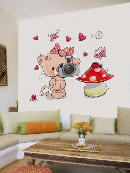 Rawpockets Wall Decals ' Cat and Mushroom' Wall Decal Sticker ' Wall stickers (PVC Vinyl) Multicolour - 15733480 - Standard Image - 1
