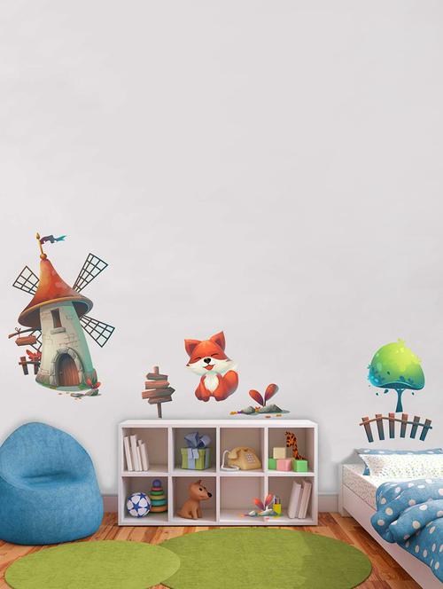 Rawpockets Wall Decals ' Fox and Windmill House' Wall Decal Sticker ' Wall stickers (PVC Vinyl) Multicolour - 15733484 - Standard Image - 1