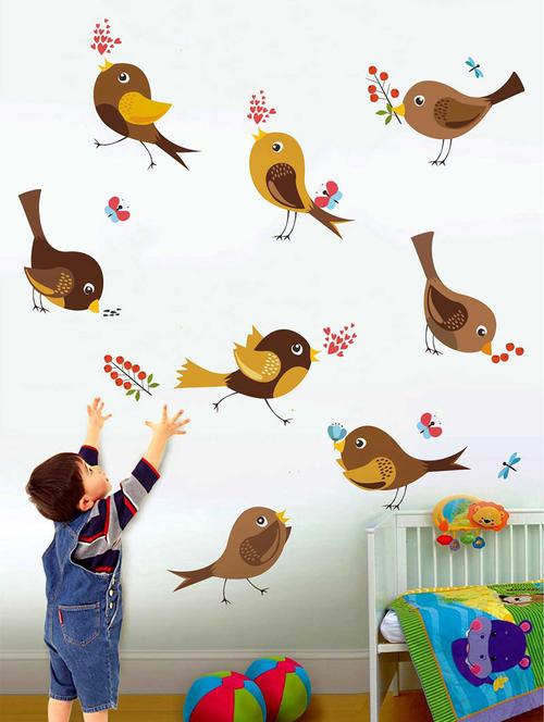 Rawpockets Wall Decals ' Cute Bird and Its Action' Wall Decal Sticker ' Wall stickers (PVC Vinyl) Multicolour - 15733488 - Standard Image - 1