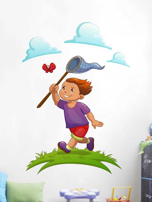 Rawpockets Wall Decals ' Boy Catching Butterfly' Wall Decal Sticker ' Wall stickers (PVC Vinyl) Multicolour - 15733495 - Standard Image - 1