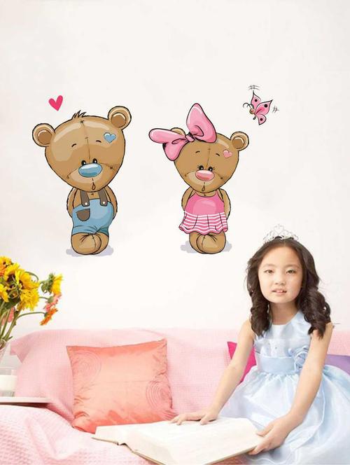 rawpockets wall decals ' teddy bear couple love' wall decal sticker ' wall stickers (pvc vinyl) multicolour - 15733507 - Very Small Image - 1