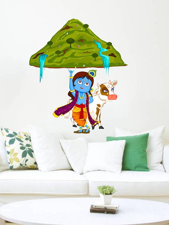 Rawpockets Wall Decals ' Krishna lifting Govardhan Hill ' Wall stickers (PVC Vinyl) Multicolour - 15733531 - Zoom Image - 1