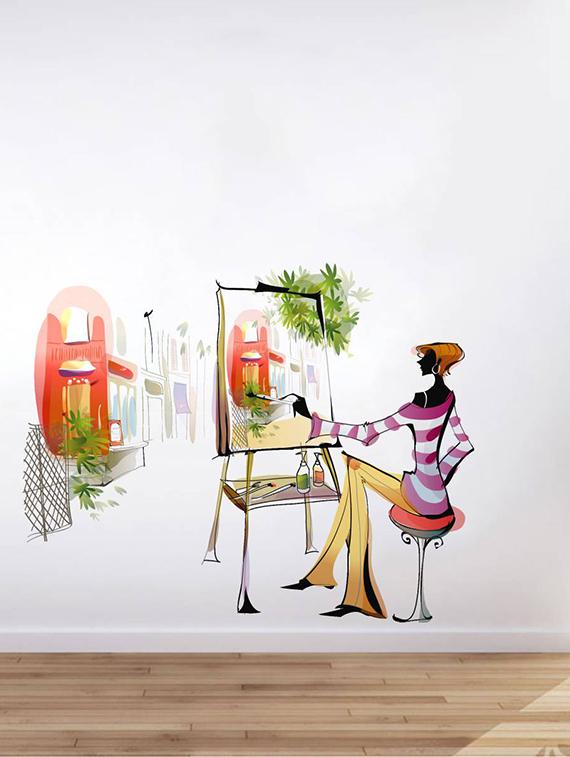 Rawpockets Wall Decals ' Girl Painting at Her Own ' Wall stickers (PVC Vinyl) Multicolour - 15733544 - Zoom Image - 1